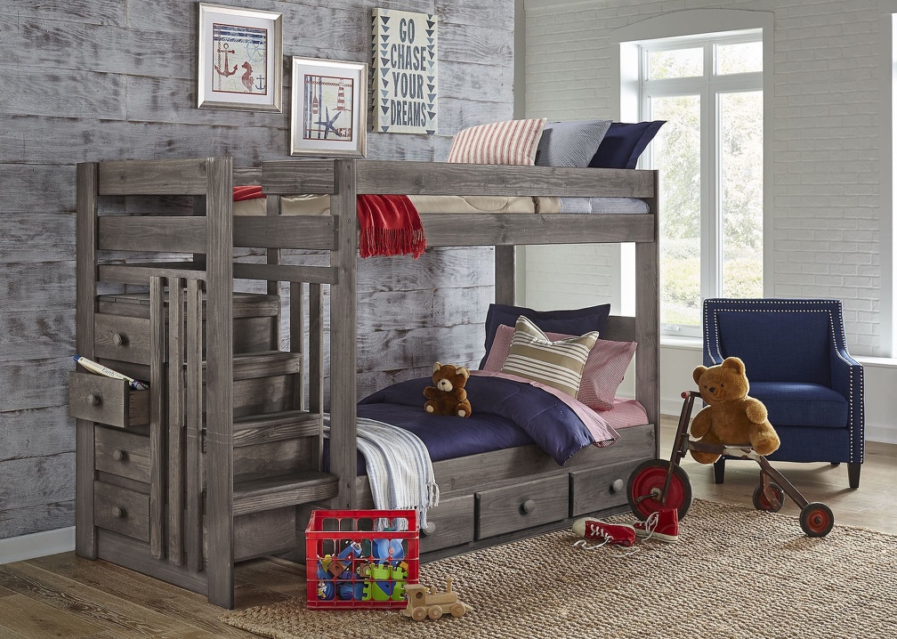 2989 Driftwood Twin/Twin Stair Bed w/ 2960 3 Drawer Underbed